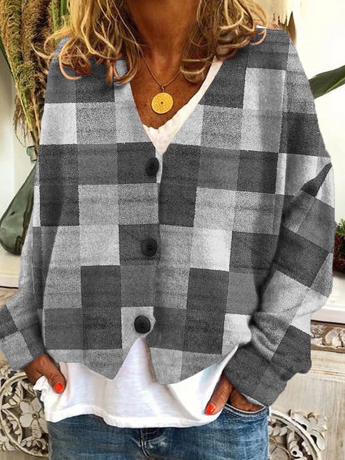 Vintage Check Print Casual Loose Button Flannel Cardigan