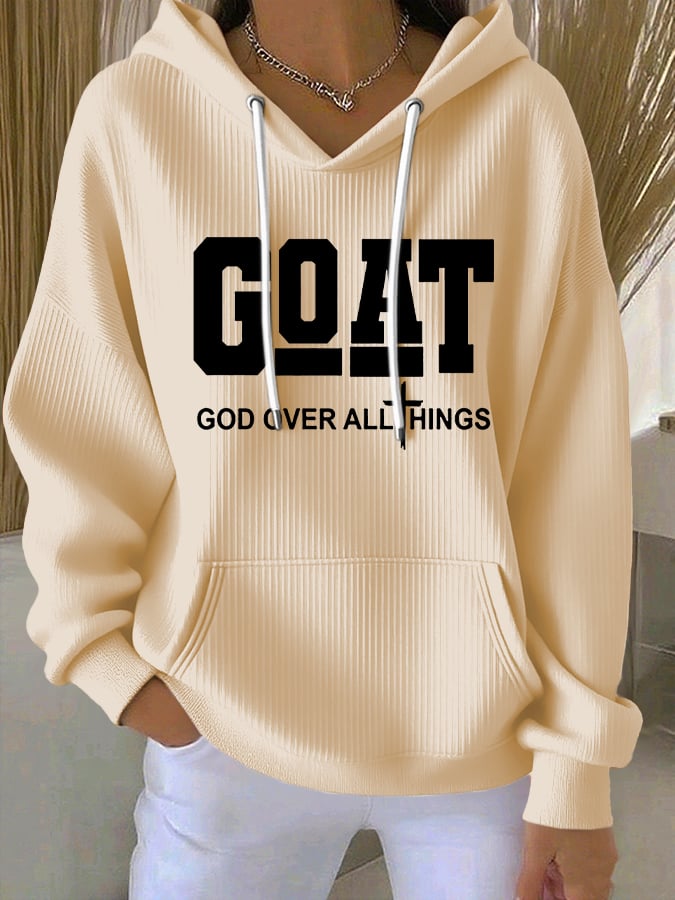 Women's Vintage Faith Goat God Over All Things Printed Casual Ribbed Hoodie