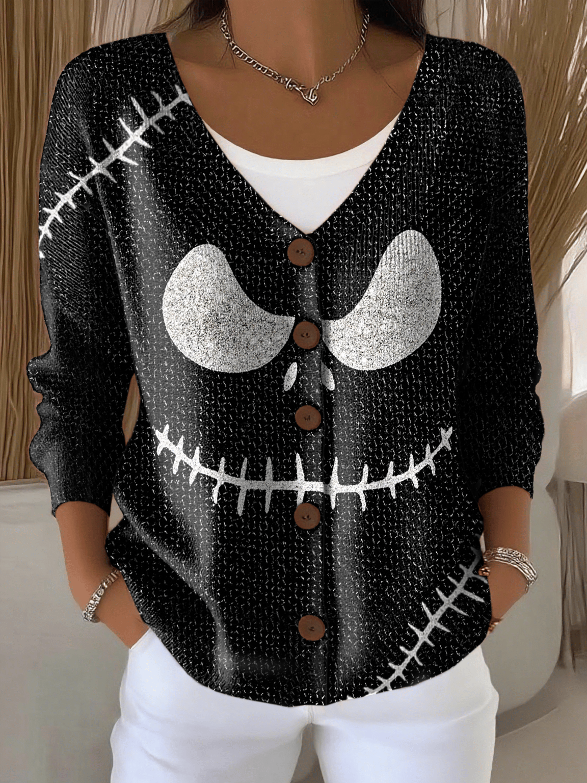Women's Halloween Ghost Face Thick Needle Stretch Cardigan