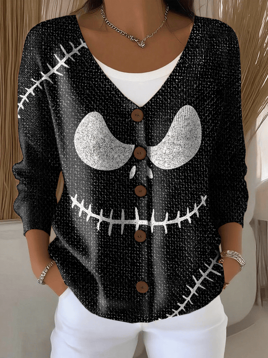 Women's Halloween Ghost Face Thick Needle Stretch Cardigan