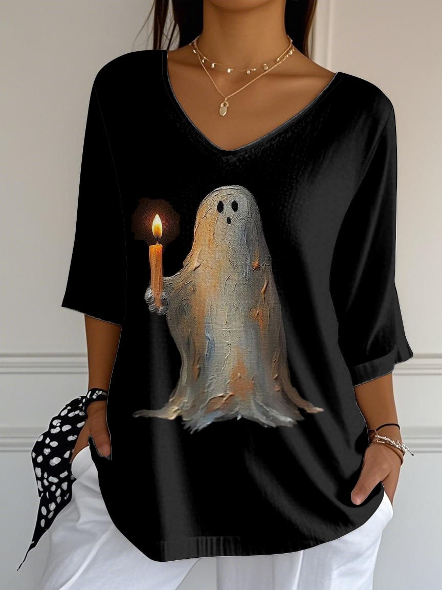 Women'S Retro Ghost Print Mid Sleeve T-Shirt