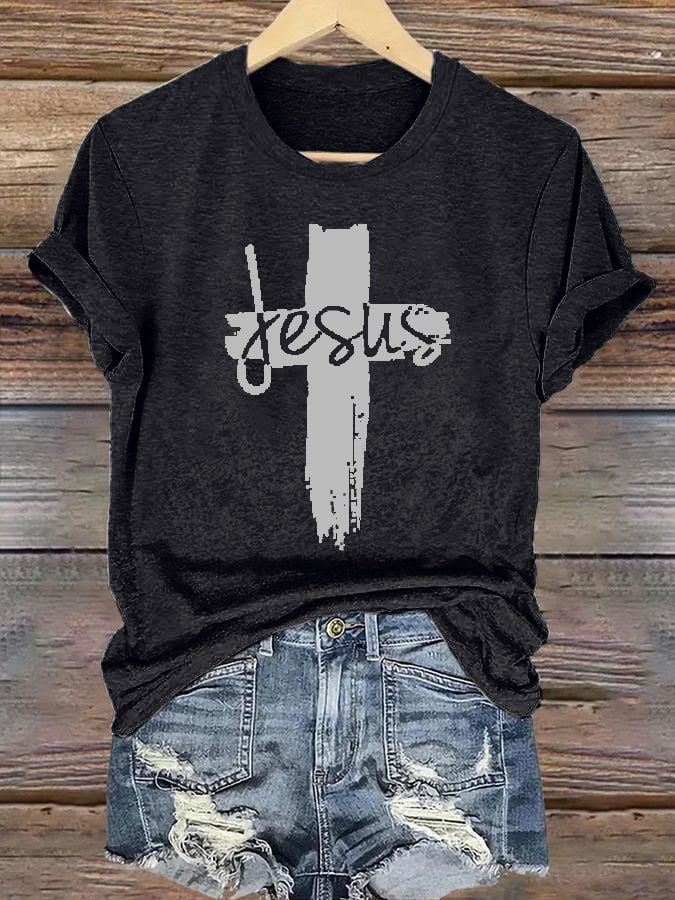 Women's casual Jesus faith cross letter print T-shirt