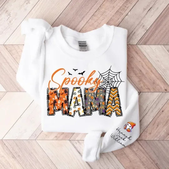 Spooky Mama-Halloween Mama Sweatshirt with Kids Name on Sleeve