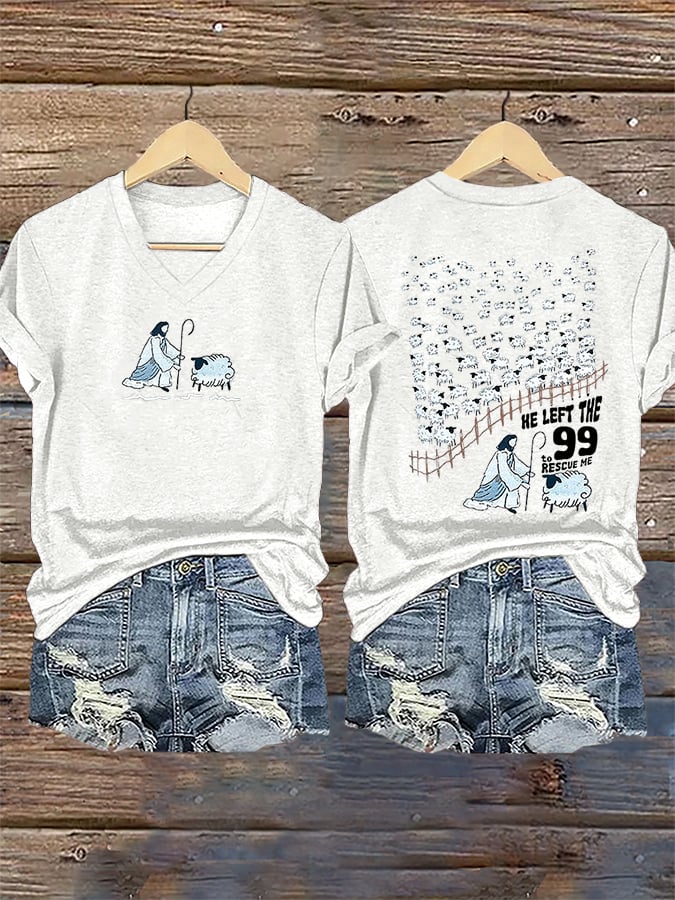 Women's Faith He Left The 99 To Rescue Me printed V-neck T-shirt