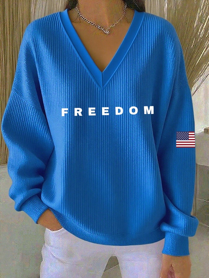 Women's Print Knit V Neck Long Sleeve Top