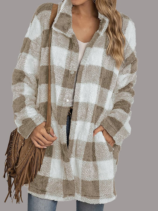 Loose Mid-Length Lapel Plaid Plush Jacket