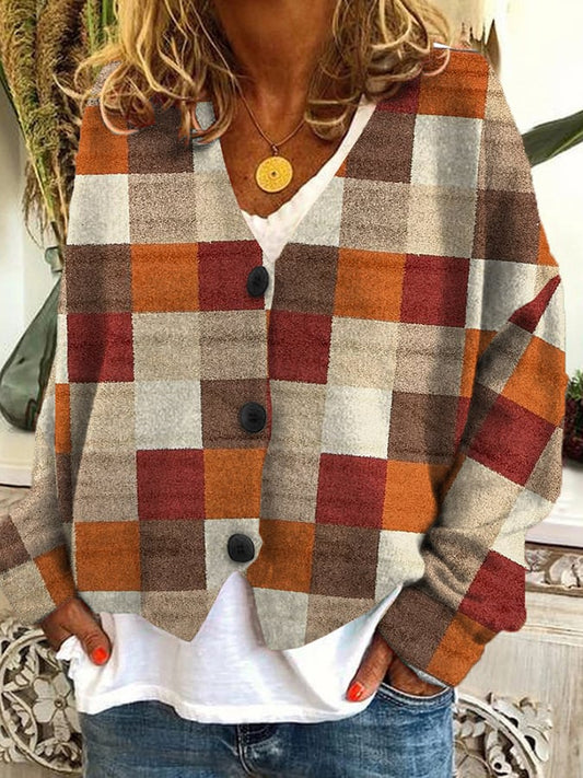 Vintage Check Print Casual Loose Button Flannel Cardigan