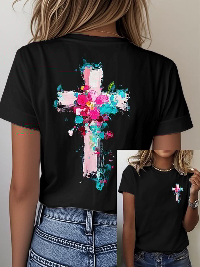Women'S Casual Oil Painting Floral Cross Print Short Sleeve T-Shirt