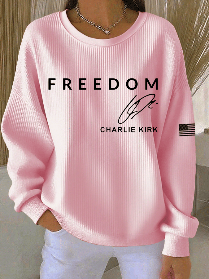 Women's Freedom Print Knitted Crew Neck Long Sleeve Top