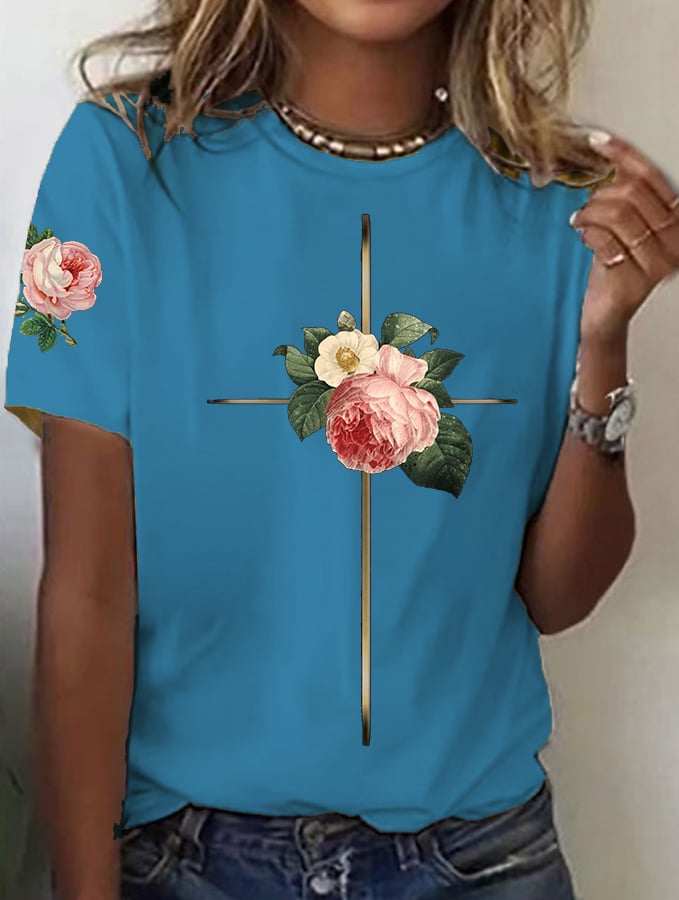 Women's Vintage Floral Metal Cross Print Short Sleeve T-Shirt