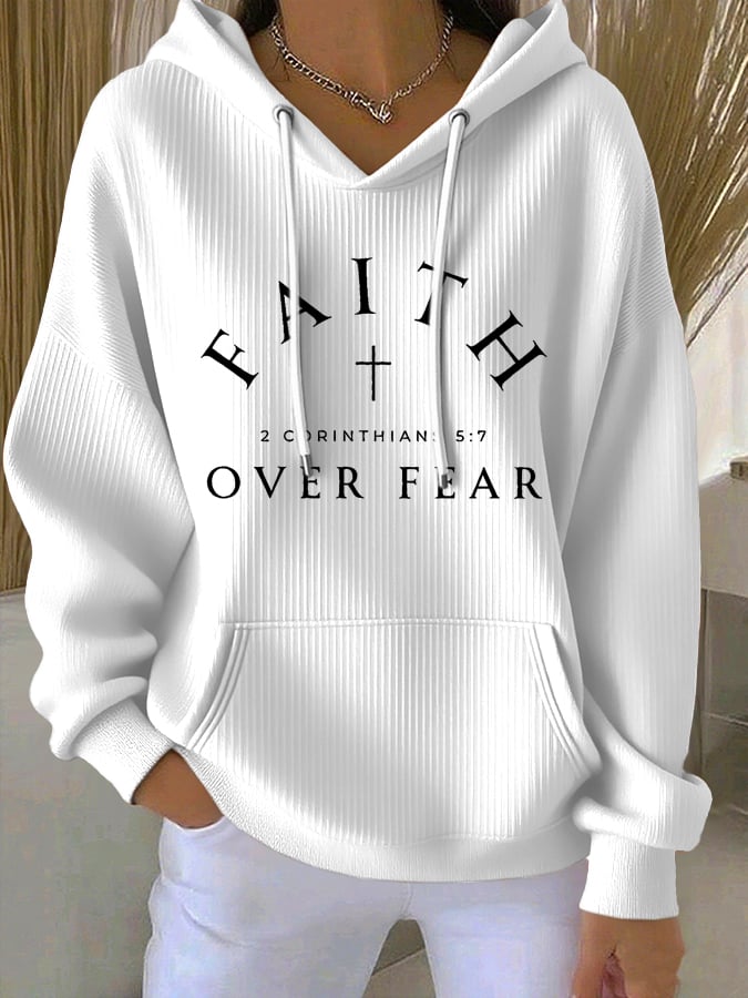 Women's Vintage Faith Faith Over Fear Printed Casual Ribbed Hoodie