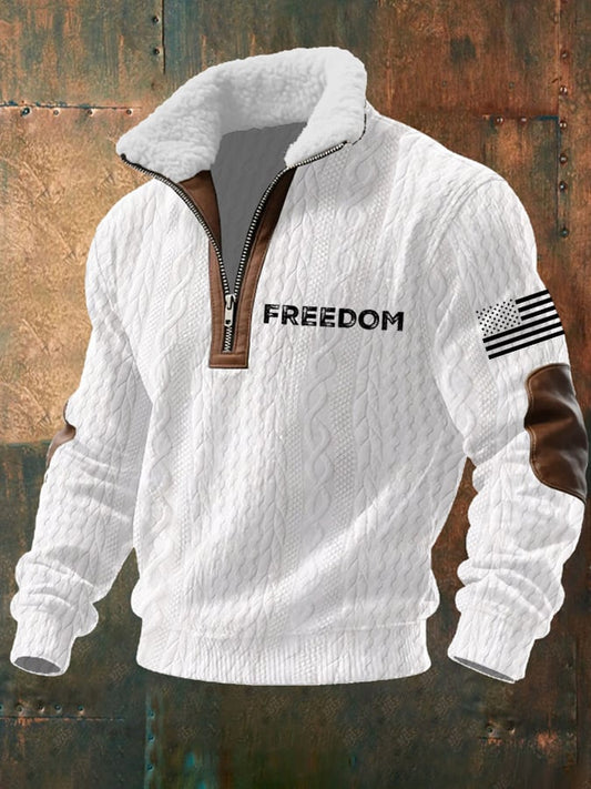 Men's vintage freedom flag jacquard fabric zipper fur collar long sleeve sweatshirt