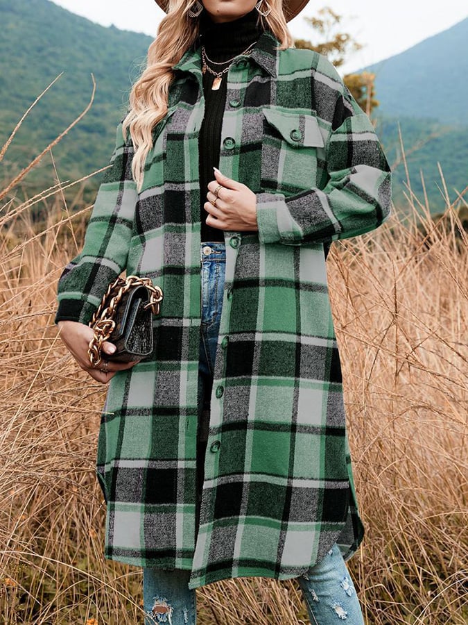 Loose Mid-Length Lapel Plaid Shirt