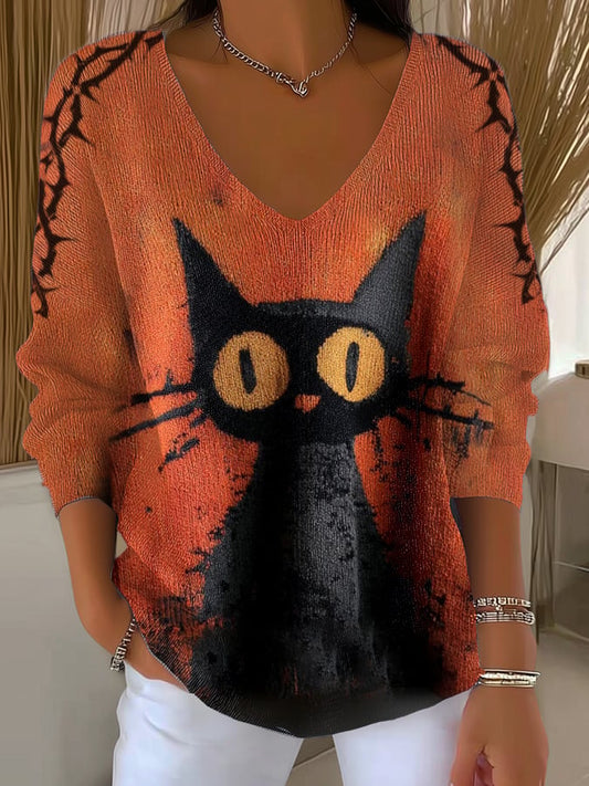Women's Casual Retro Halloween Cat Print V-Neck Long Sleeve Top