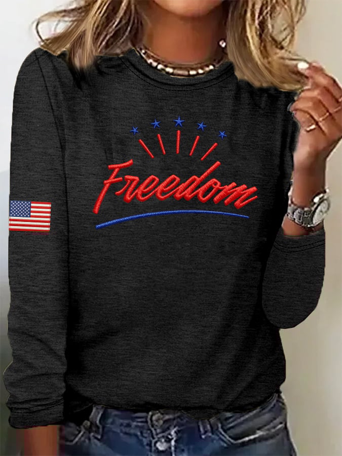 Women's Casual Freedom Flag Contrast Color Cotton Long-Sleeved T-Shirt