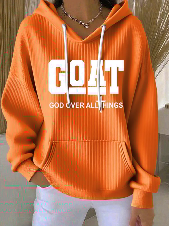 Women's Vintage Faith Goat God Over All Things Printed Casual Ribbed Hoodie