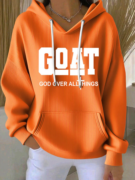 Women's Vintage Faith Goat God Over All Things Printed Casual Ribbed Hoodie