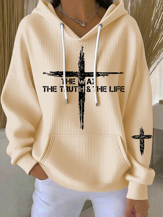 Women's Casual Retro Jesus The Way Truth Life Faith Ribbed Sweatshirt