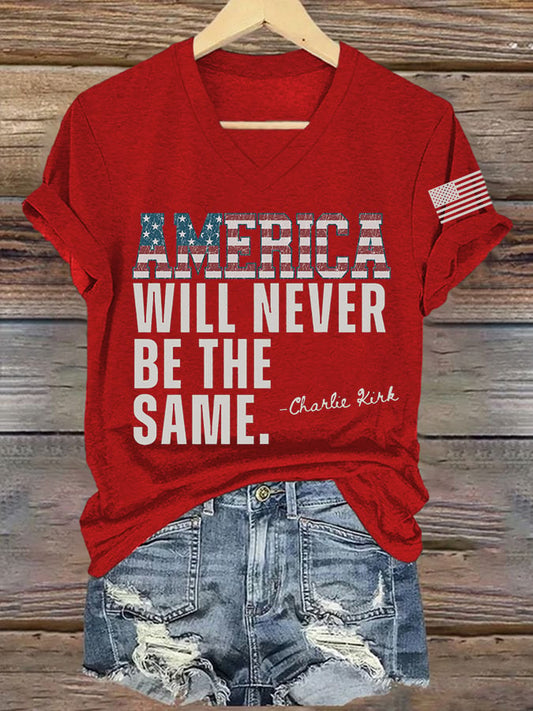 Women's America Will Never Be The Same Print V Neck T-shirt