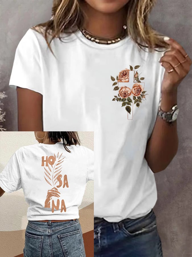 Women's Vintage Hosanna Cross Floral Print Short Sleeve T-Shirt
