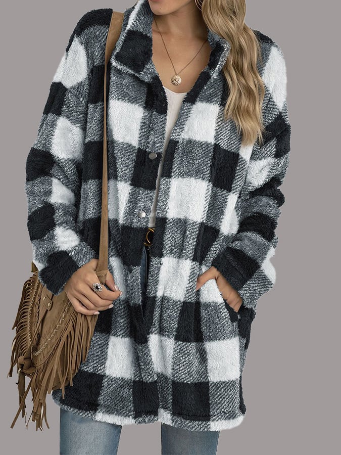 Loose Mid-Length Lapel Plaid Plush Jacket