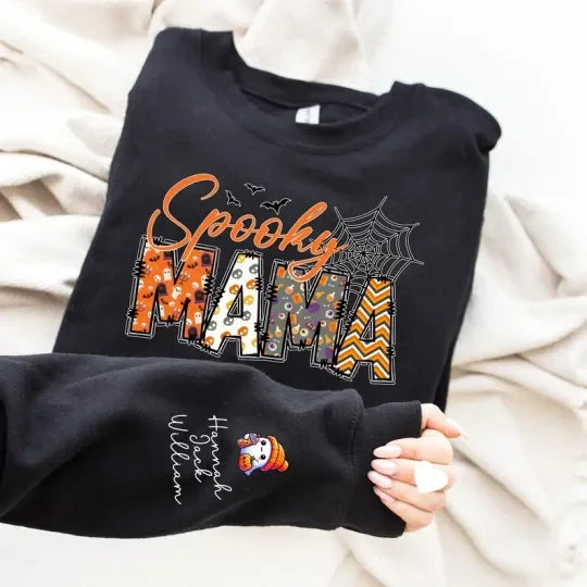 Spooky Mama-Halloween Mama Sweatshirt with Kids Name on Sleeve