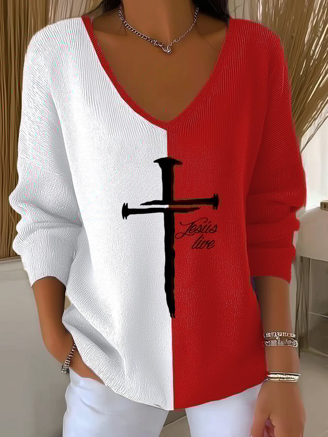 Women's Casual Contrast Color Faith Textured Top