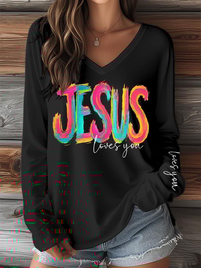 Women's Faith Print V-Neck Long Sleeve T-Shirt