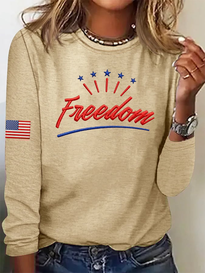 Women's Casual Freedom Flag Contrast Color Cotton Long-Sleeved T-Shirt