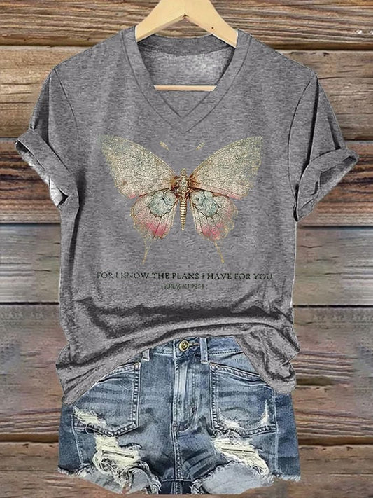 Women's Casual Faith Butterfly Letters Printed Short Sleeve T-Shirt
