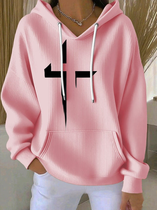 Women's Casual Retro Faith Contrast Color Textured Hoodie