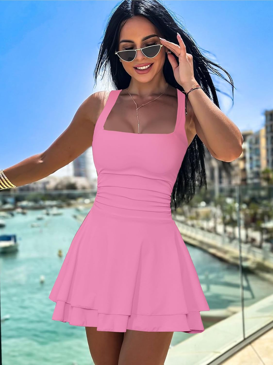 Women's Square Neck Ruffle Hem Mini Dress