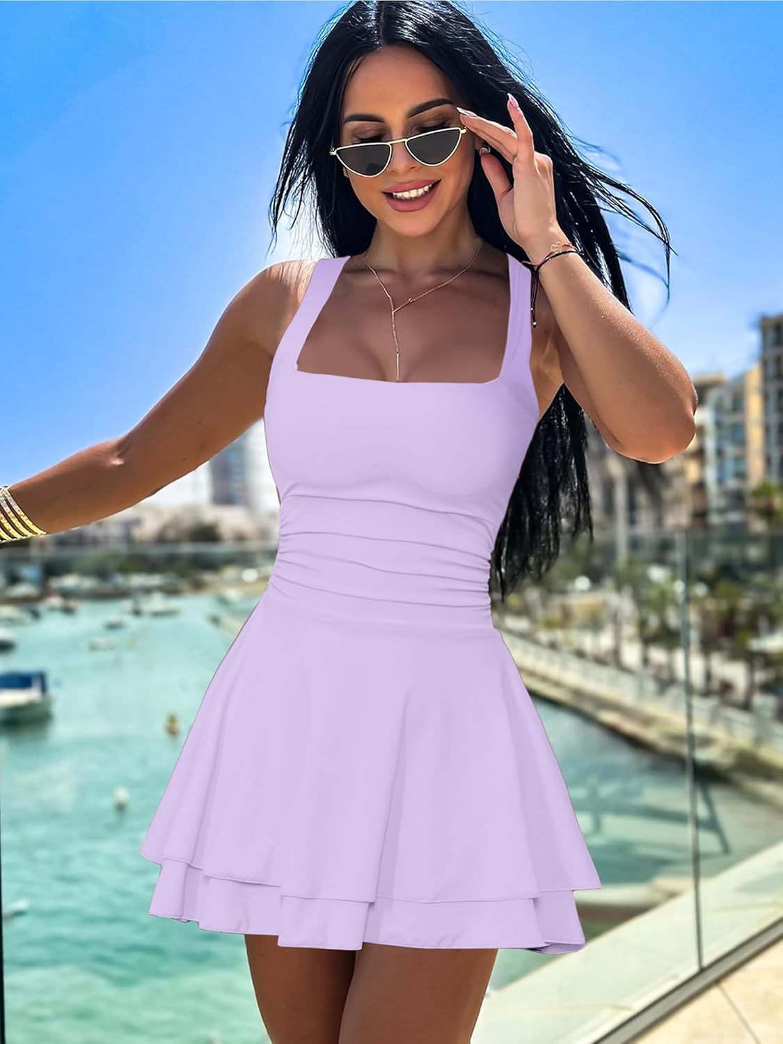 Women's Square Neck Ruffle Hem Mini Dress