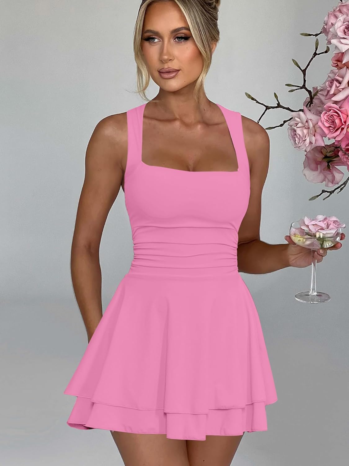 Women's Square Neck Ruffle Hem Mini Dress