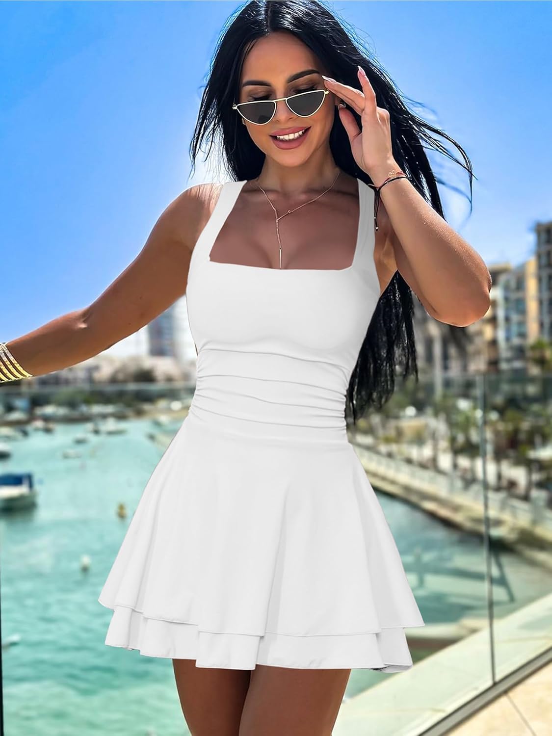 Women's Square Neck Ruffle Hem Mini Dress