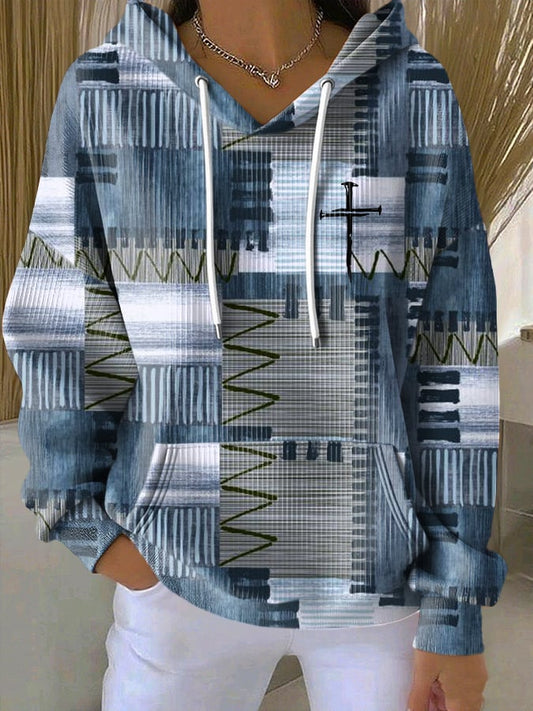 Women's Casual Retro Color Block Contrast Print Faith Texture Hoodie