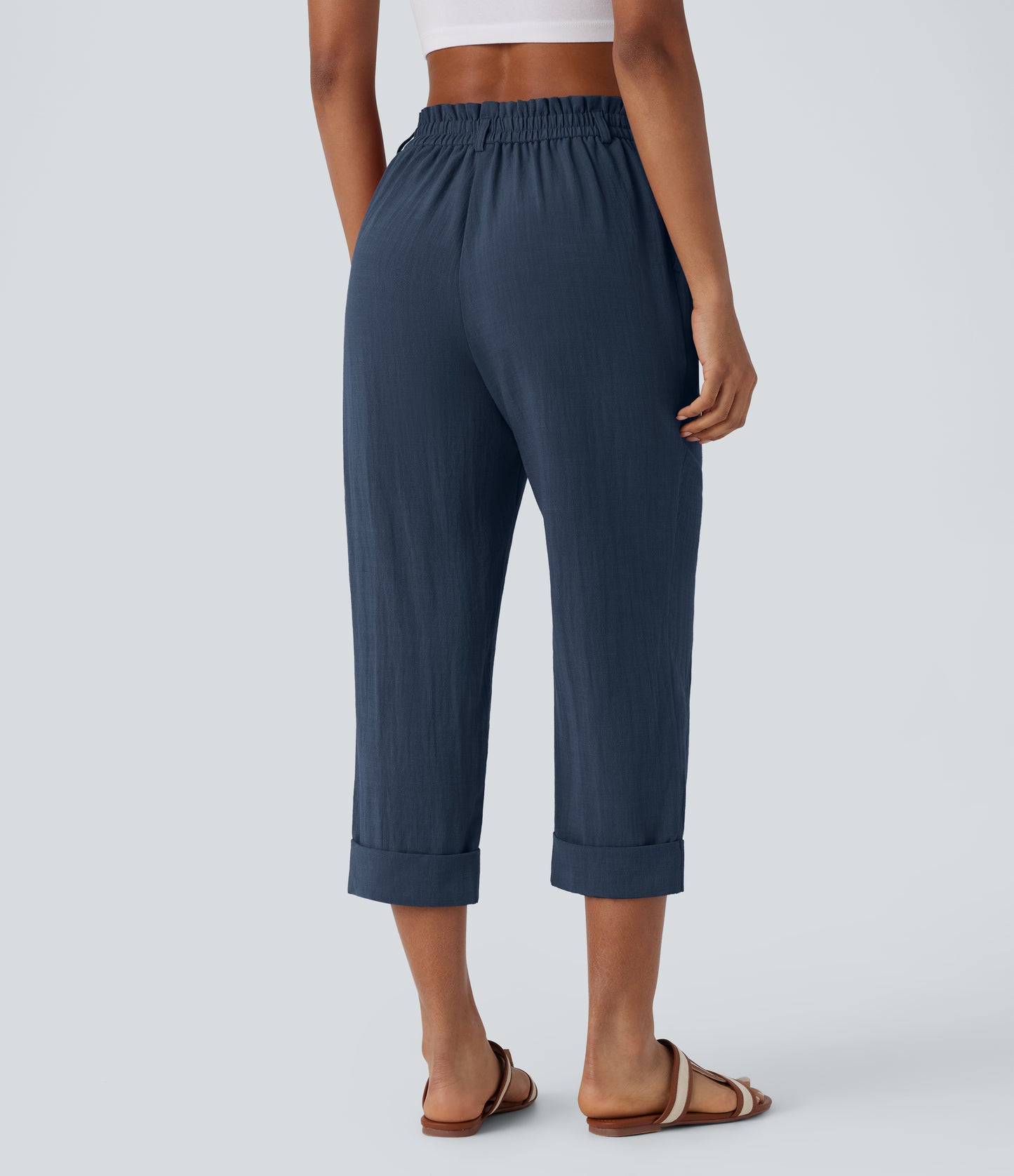 High Waisted Button Zipper Side Pocket Capri Resort Linen-Feel Pants