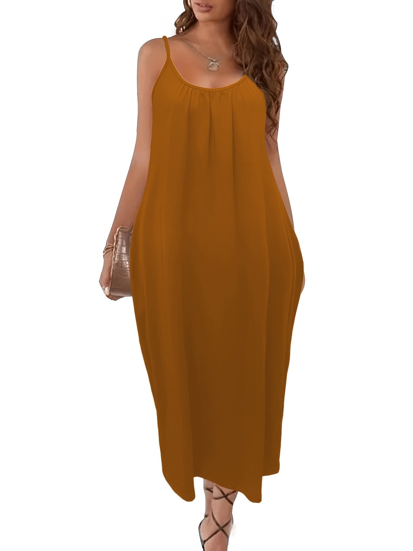 Solid Pockets Loose Spaghetti Dress