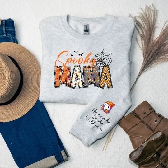 Spooky Mama-Halloween Mama Sweatshirt with Kids Name on Sleeve