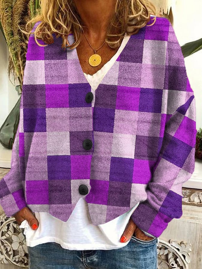 Vintage Check Print Casual Loose Button Flannel Cardigan