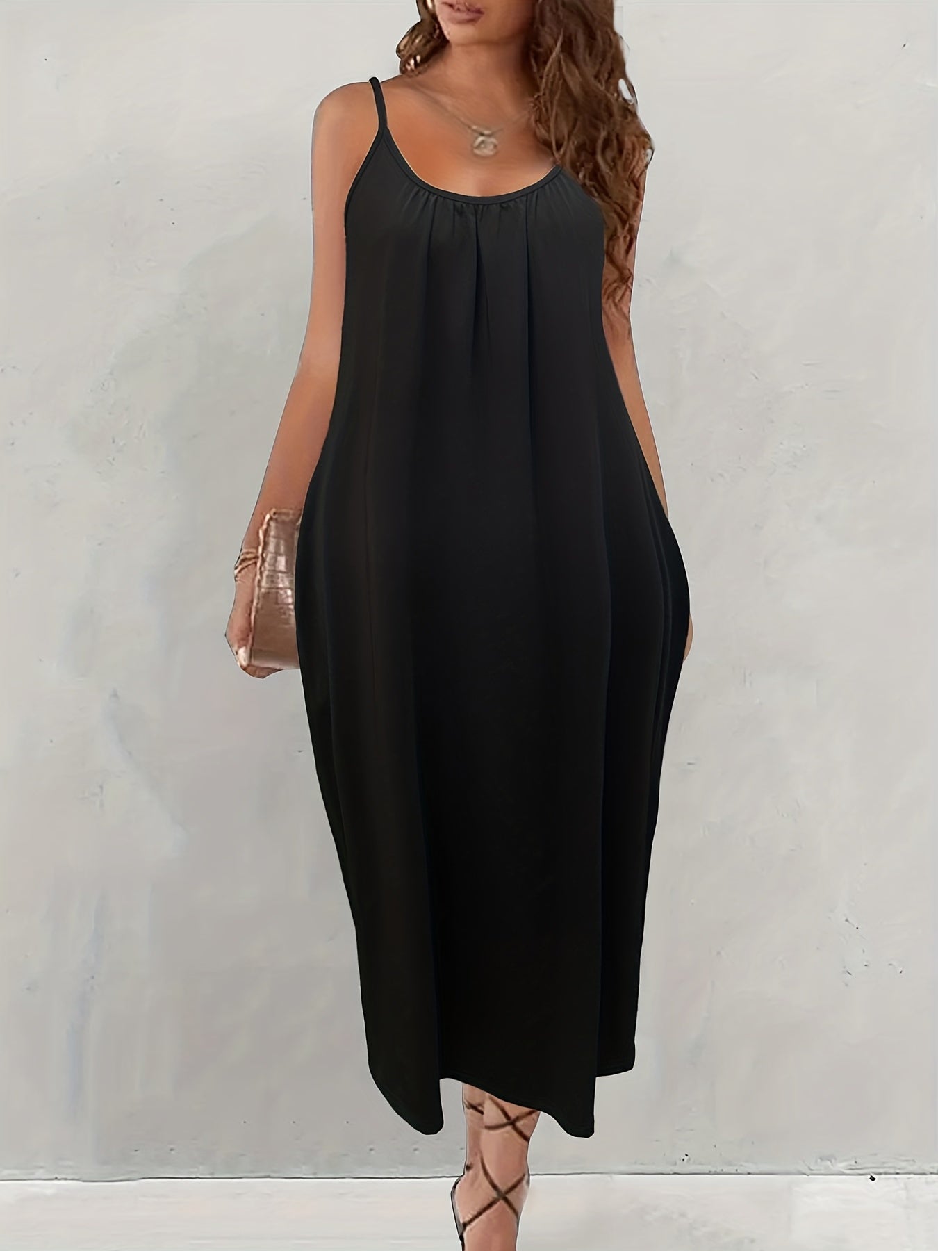 Solid Pockets Loose Spaghetti Dress