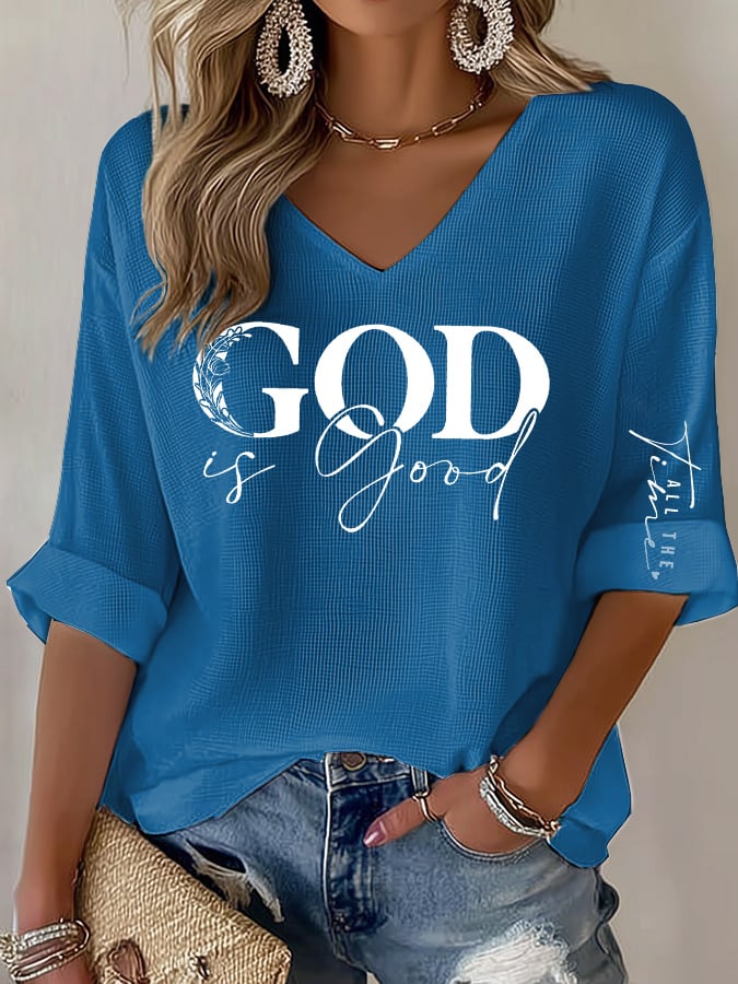 Women's casual God is good at all times waffle long-sleeved T-shirt