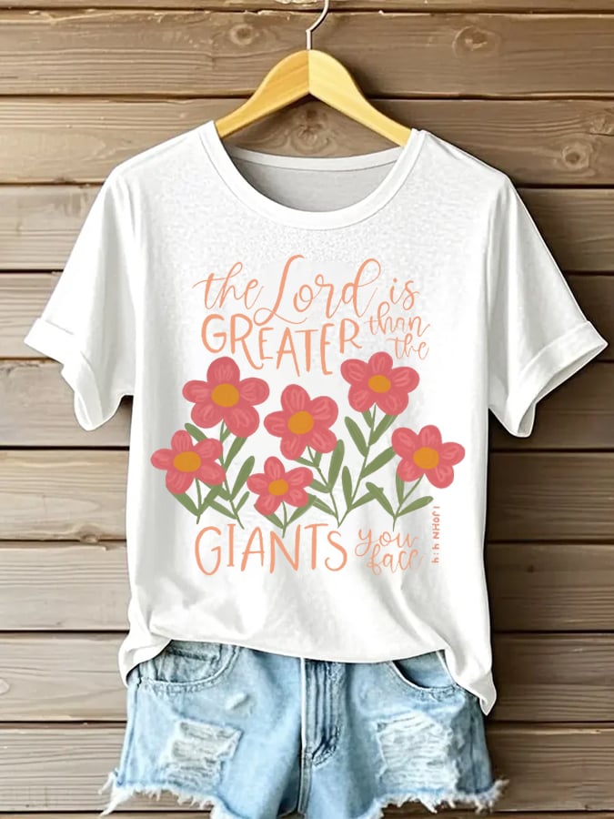 Women's The Lord Is Greater 1 John 4:4 Print Short Sleeve T-Shirt