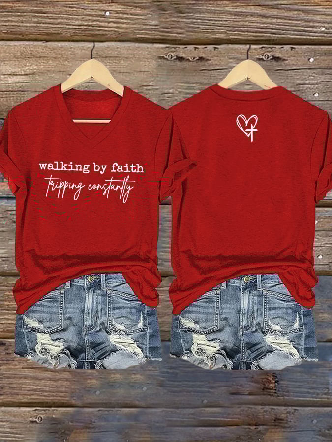 Women's Walking By Faith Tripping Constantly  Print T-Shirt