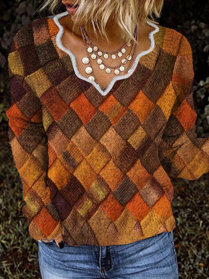 Casual Wave Collar Block Print Plush Top