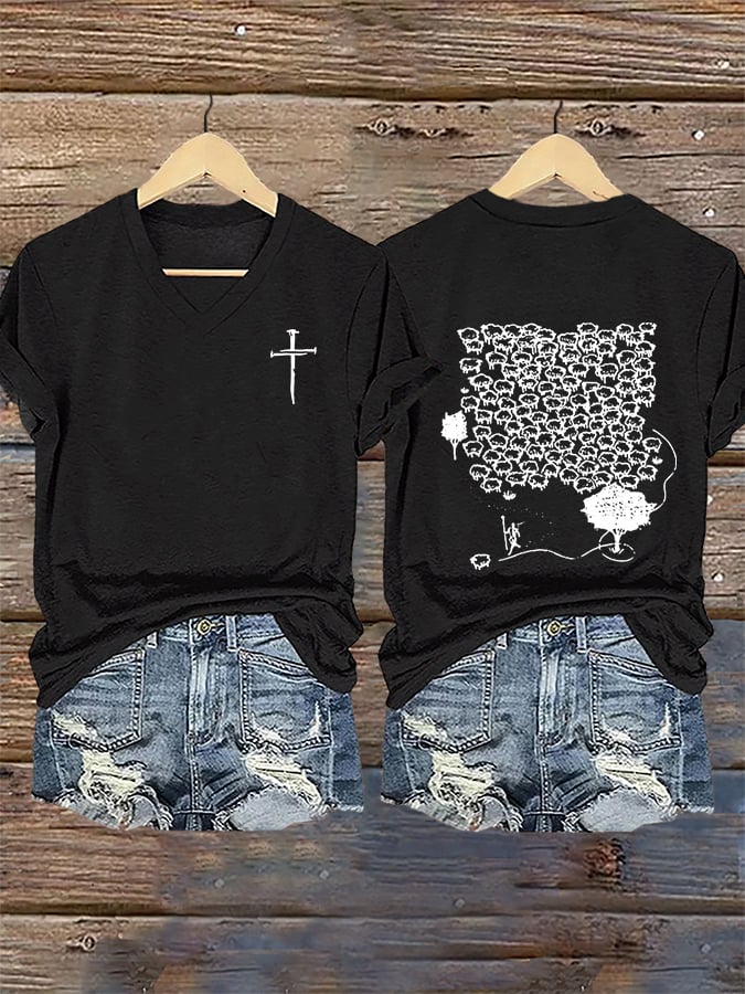 Women's Faith He Left The 99 To Rescue Me printed V-neck T-shirt