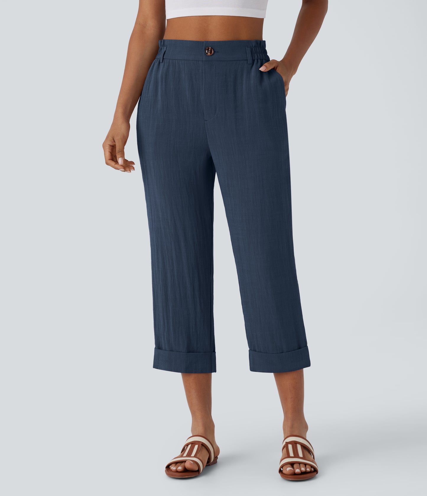 High Waisted Button Zipper Side Pocket Capri Resort Linen-Feel Pants