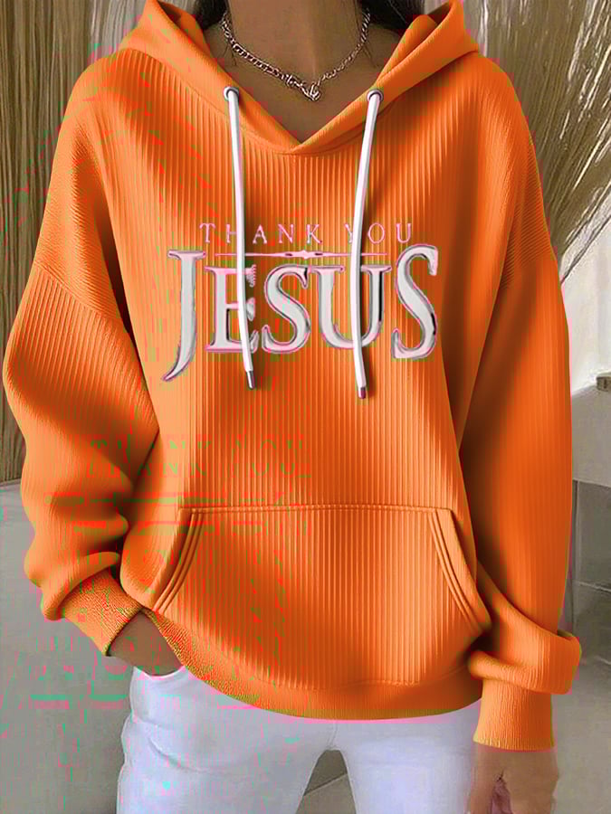 Women's Vintage Faith Thank You Jesus Printed Casual Ribbed Hoodie