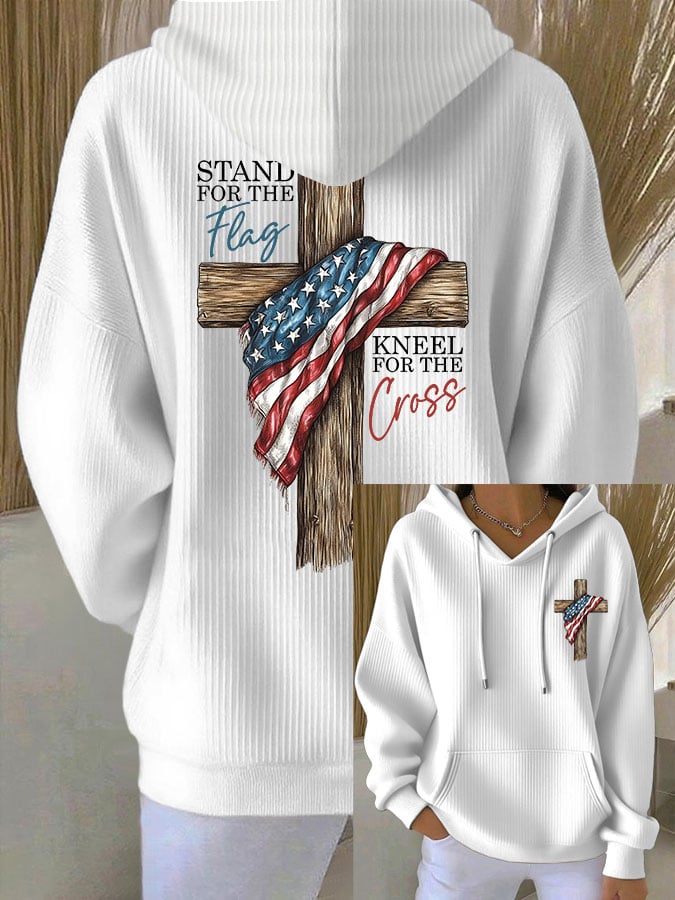 Women's Stand for the Flag, Kneel for the Cross Print Casual Hoodie Sweatshirt