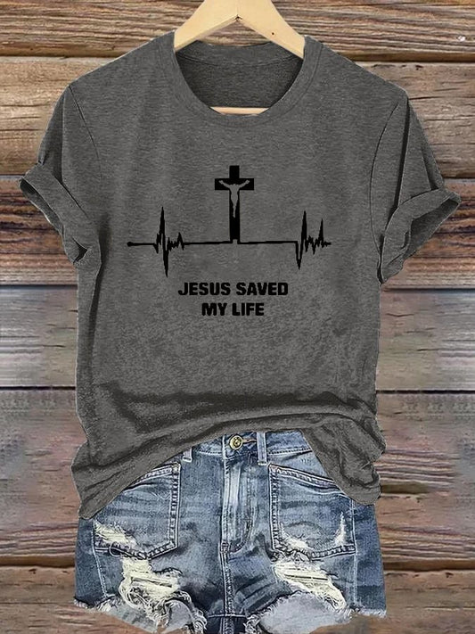 Women's casual Jesus faith cross ECG letter print T-shirt